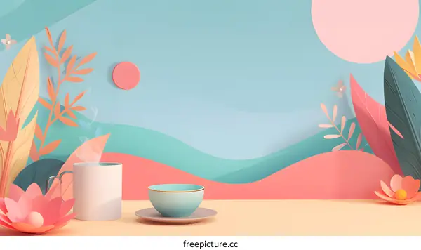 Minimalist Coffee Cup and Bowl Illustration with Abstract Background