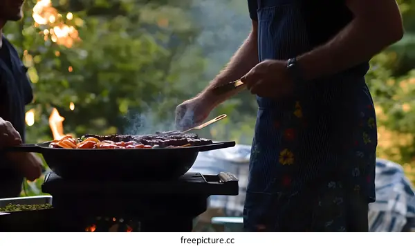 Man Grilling Meat and Vegetables on a Grill with Flames in Background