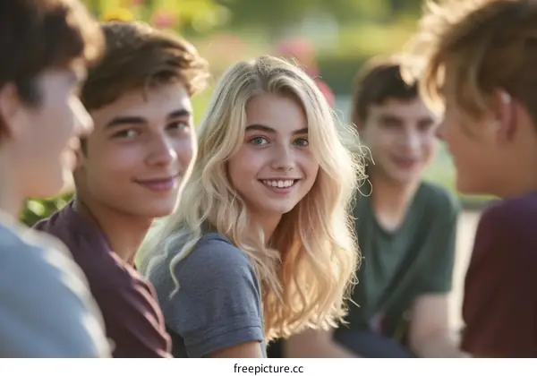 Group of happy caucasian friends posing for a picture outside