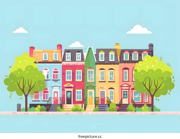 Colorful Row of Houses in a Sunny Neighborhood