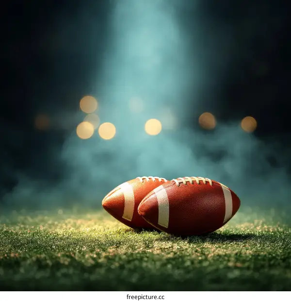 Two Footballs on Grassy Field Night Scene