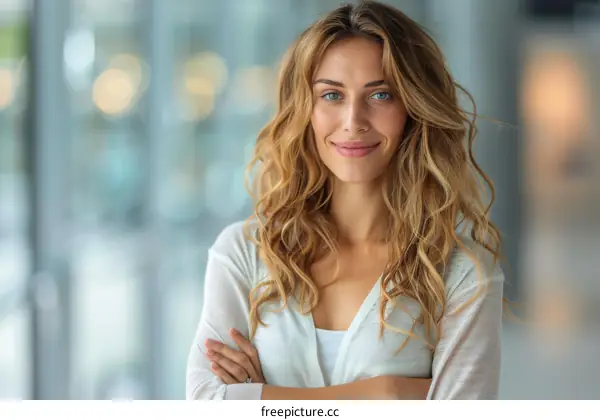 Portrait of a smiling young woman with long blond hair