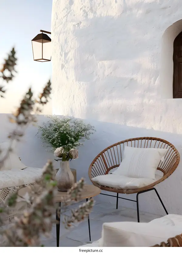 Minimalist White Wall Patio with Wicker Chair and Flowers