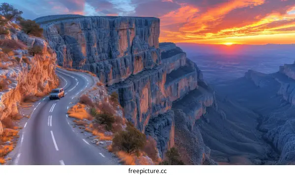 Car driving on a mountain road with a beautiful sunset