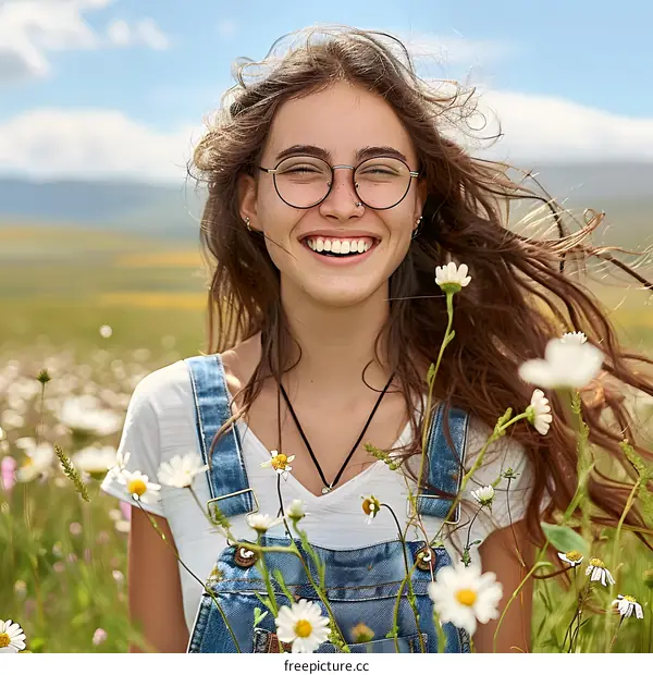 Happy Woman with Glasses in a Field of Daisies