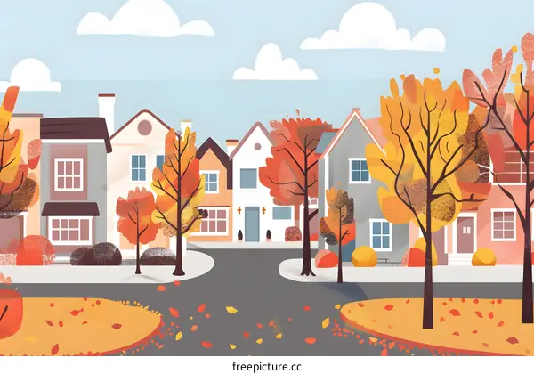 Autumnal Landscape with Colorful Houses and Trees