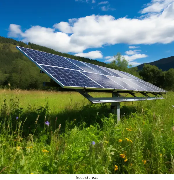 A solar panel in a lush green field generates clean energy