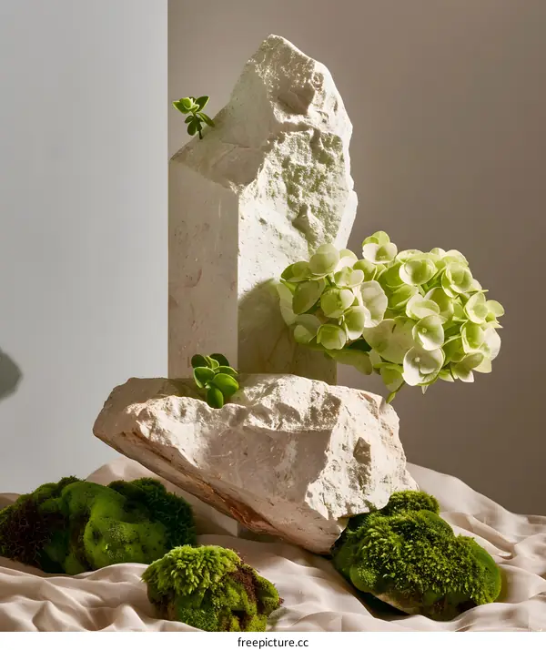 Stone, Moss and Flowers Still Life Photography