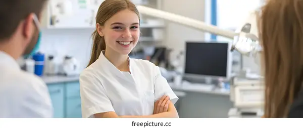 Smiling Young Woman Dentist in White Coat Standing in Clinic
