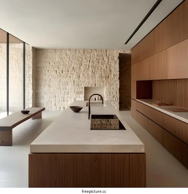 Modern Kitchen Interior Design with Stone Wall and Wooden Cabinets