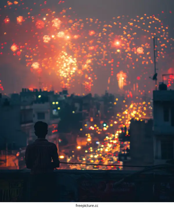 Man watching fireworks display over city at night