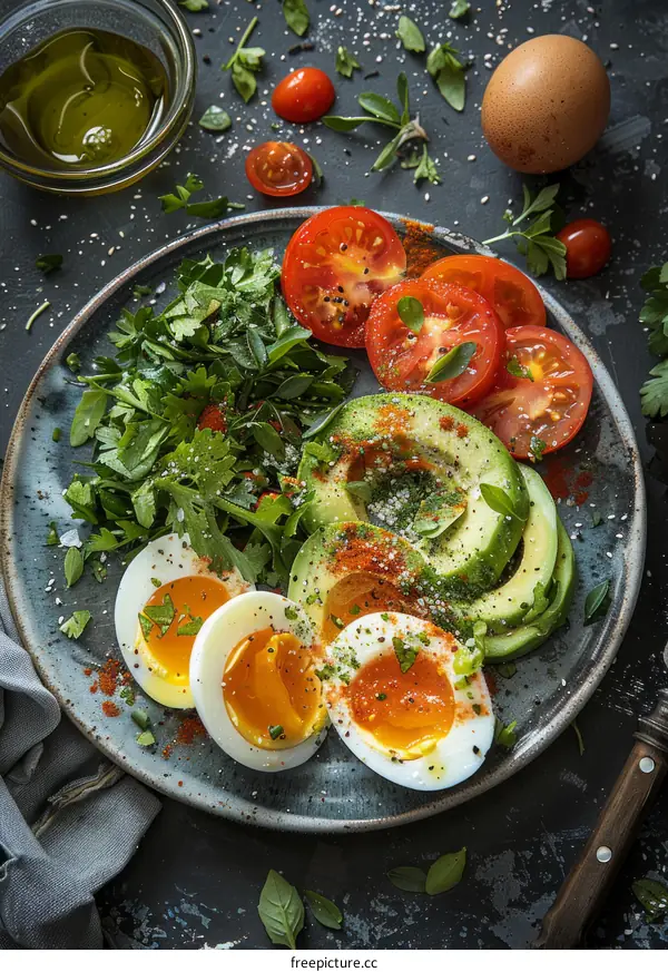 Healthy food. Boiled egg, avocado, tomato and greens on a plate