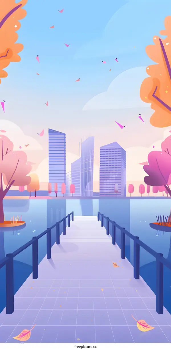 Autumn Landscape with Bridge and City Buildings