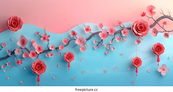 Pink Paper Flowers Branch With Lanterns Decoration