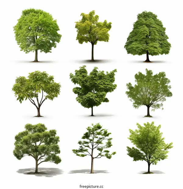 A collection of nine different types of trees