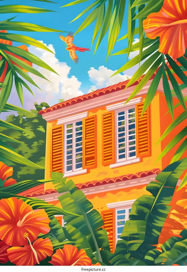 Tropical House with Parrot and Flowers