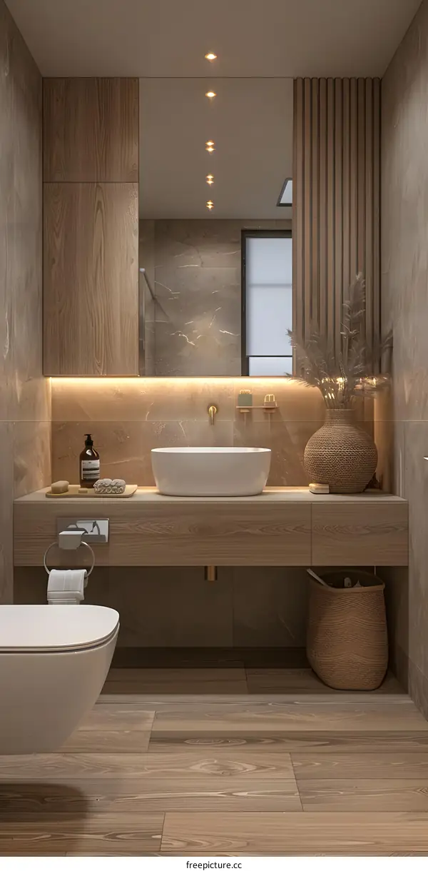 Bathroom Design With Bathtub, Shower, Toilet And Sink In Ikea Style