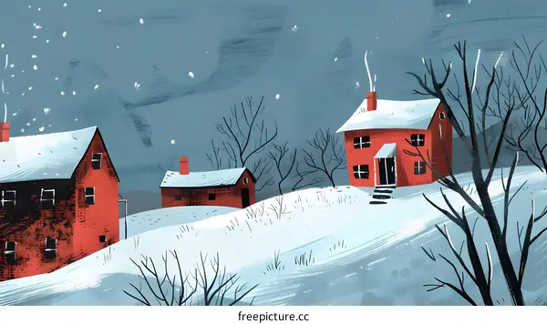 Winter Landscape with Red Houses and Snow