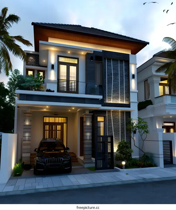 Modern Minimalist Two Story Home Design With Black Car