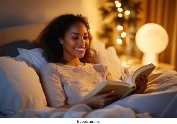 Woman Reading a Book in Bed at Night