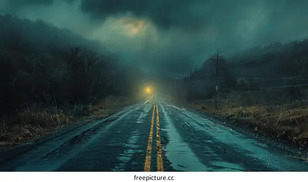 Country Road with Approaching Storm at Night