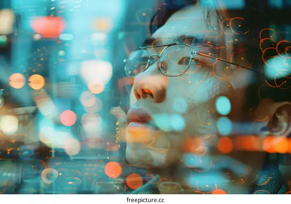Young Asian Man Immersed in Technology and Urban Lights