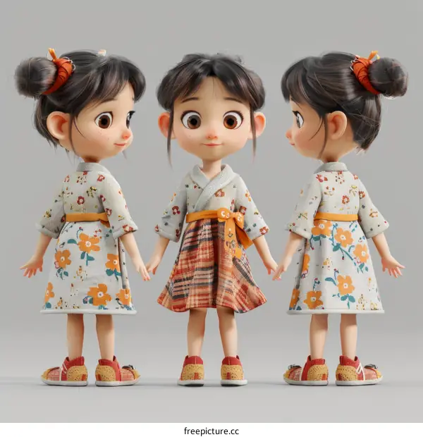 3D illustration of a cute Asian girl in a kimono