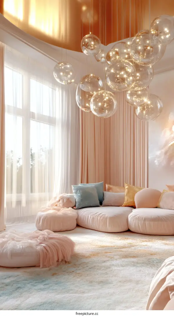 Pastel Pink Living Room with Bubble Chandelier