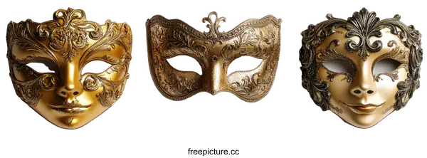 [Transparent Background PNG]Three Golden Carnival Masks on White Background