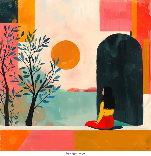 A woman looking out at the sea from a doorway