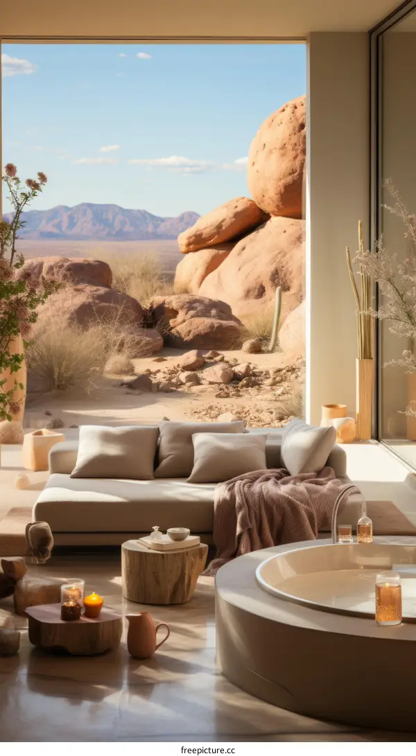 Modern living room with desert landscape view