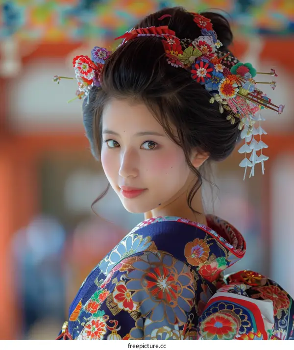 Japanese Woman Wearing Traditional Kimono with Flower Hair Ornament