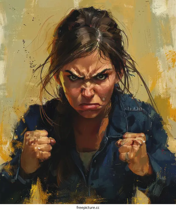 portrait of a determined woman with clenched fists