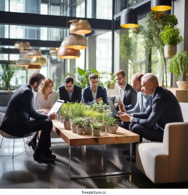 A group of business professionals having a meeting in a modern office with plants