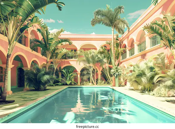 Tropical Courtyard with Swimming Pool and Lush Greenery