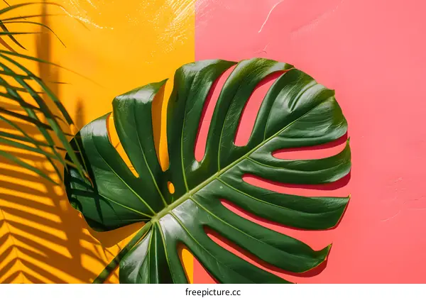 Tropical Leaf on Pink and Yellow Background