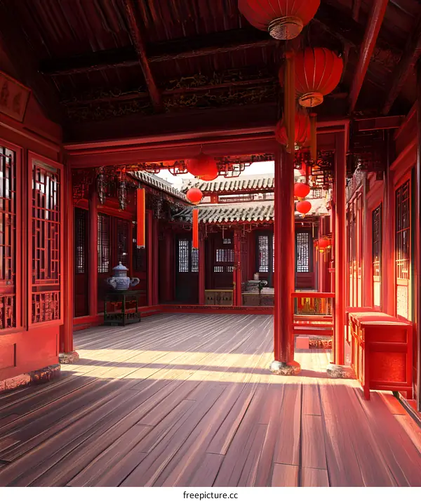 Red Lanterns Hanging in a Traditional Chinese Courtyard
