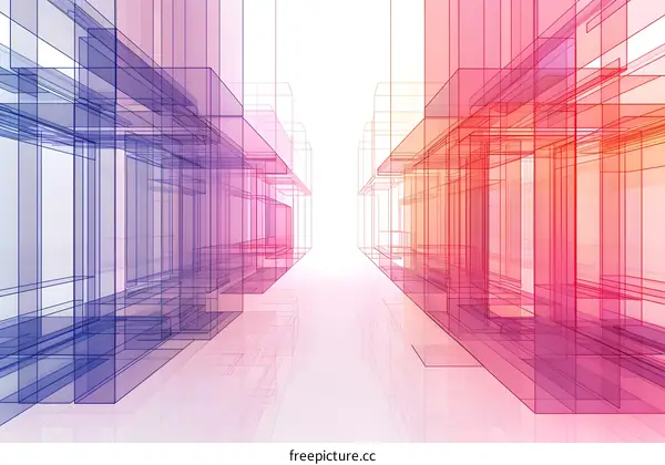 Abstract 3D rendering of a city with geometric shapes