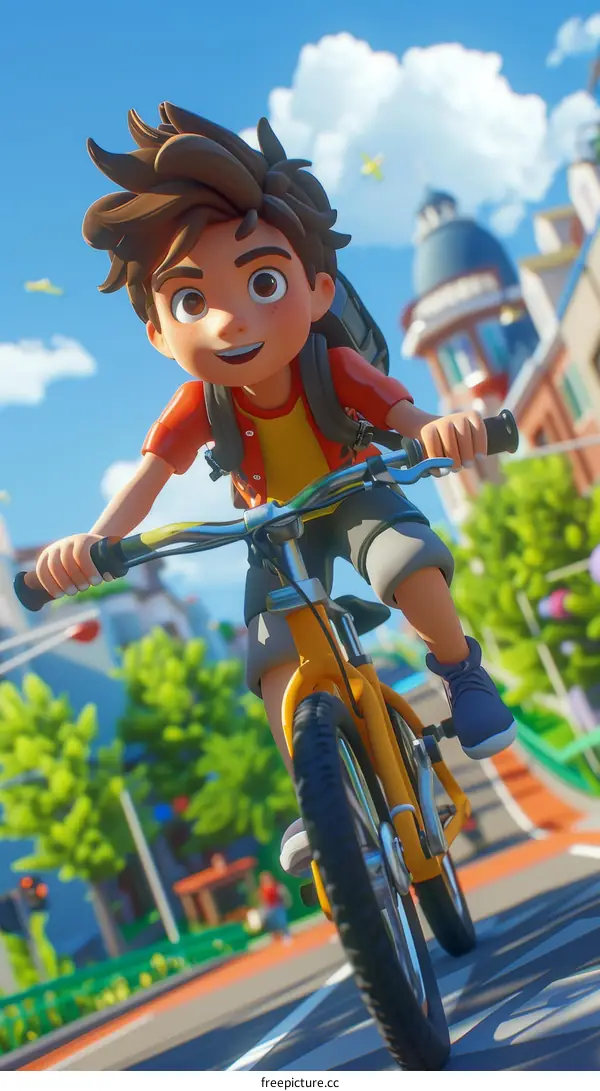 boy riding bicycle in city street