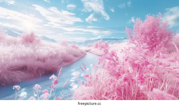 Pink flowers and blue river in a beautiful landscape