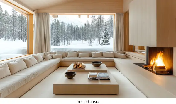 Modern Scandinavian Living Room with Fireplace and Panoramic View