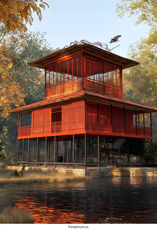 Red Wooden House On Stilts Over Water With Trees In The Background
