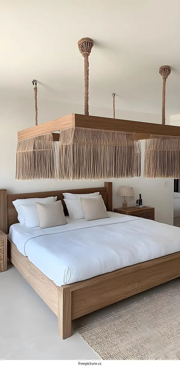 Modern Bedroom Interior Design with Wooden Bed and Unique Rope Chandelier