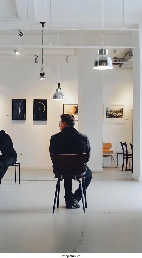 Man Sitting In Chair In Gallery With Art On The Walls