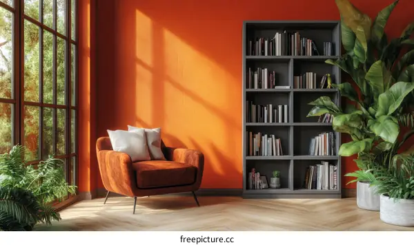 Modern Orange Room with Bookshelf and Armchair
