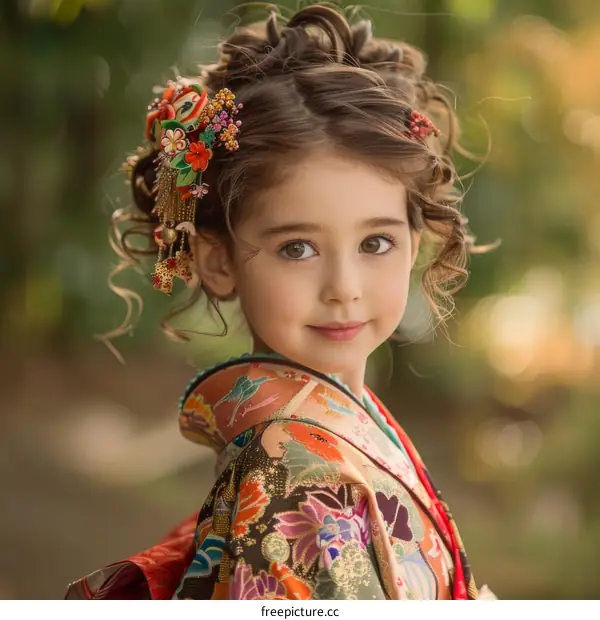 Young Girl Wearing Traditional Japanese Kimono with Flower Hair Accessory