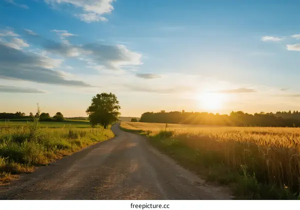 Sunset over a rural dirt road with fields and trees