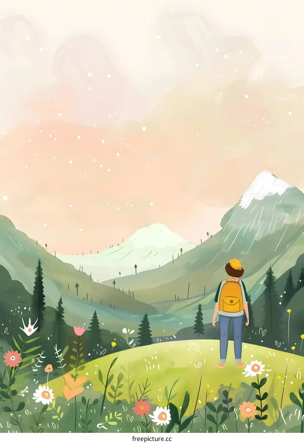 A Person Looking at a Mountain Landscape with Flowers