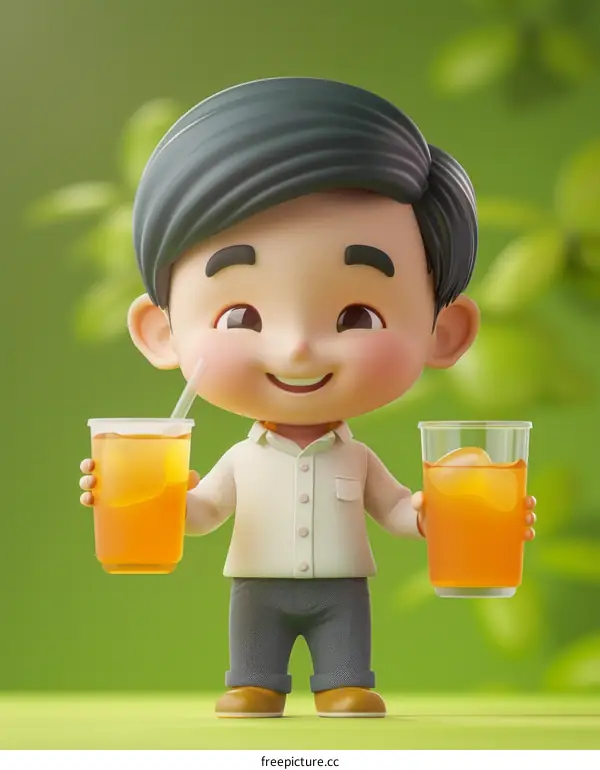 A 3D illustration of a man holding two cups of orange juice