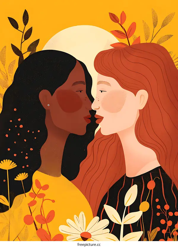 Two Women of Different Ethnicities Kissing in a Floral Illustration